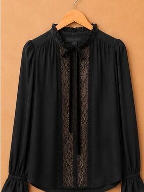 GAP Black Lace-Front Long Sleeve Blouse with Bow Tie